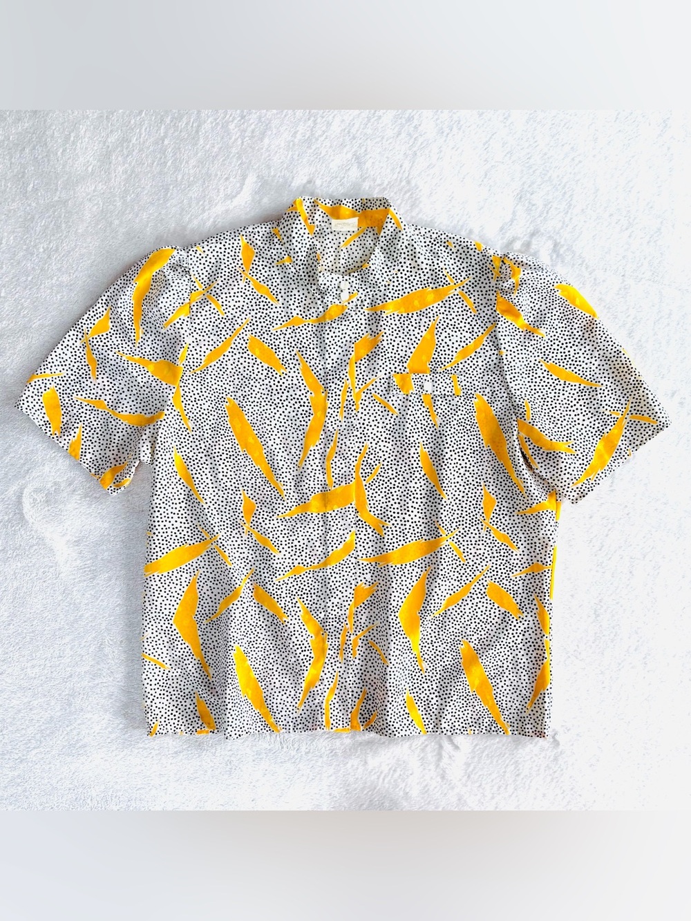 Vintage 80s St. Michael Button-Up Short Sleeve Blouse, White Black & Gold